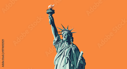 Stylized graphic illustration of the Statue of Liberty against a vibrant orange background, highlighting its iconic silhouette and torch.