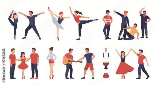 Diverse group of people dancing, playing music, and performing ballet, active lifestyle