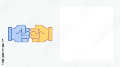 Two hands fist bumping in blue and orange colors with outline, symbolizing friendship and unity against a white background, flat design.