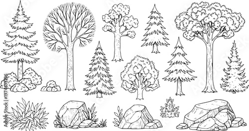 Collection of hand drawn forest elements including trees bushes and rocks in black and white