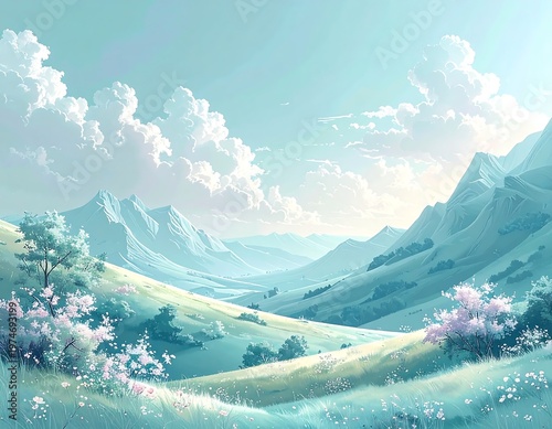A serene pastel landscape depicts a valley with mountains under a cloudy sky. Soft light bathes the scene, highlighting grassy hills and blossoming trees