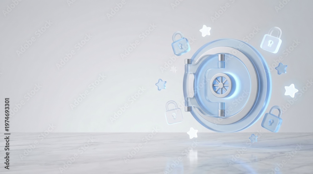 Fototapeta premium Conceptual illustration of a glowing digital shield protecting money and a bank vault door for secure savings