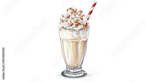 Glass of milkshake with whipped cream and straw
