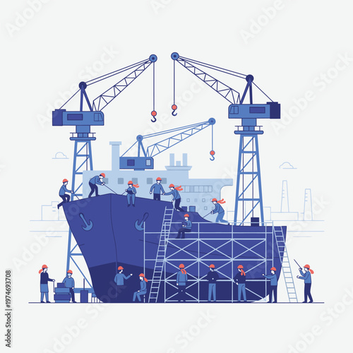 Shipbuilding Industry Scene with Workers and Cranes.