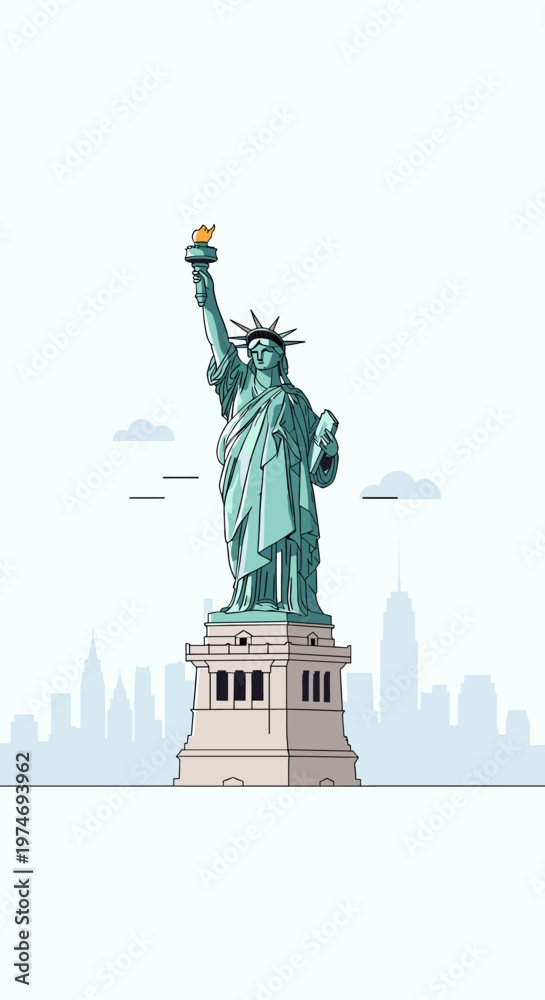 Fototapeta premium A stylized illustration of the Statue of Liberty standing tall against a pale blue sky with a distant city skyline.