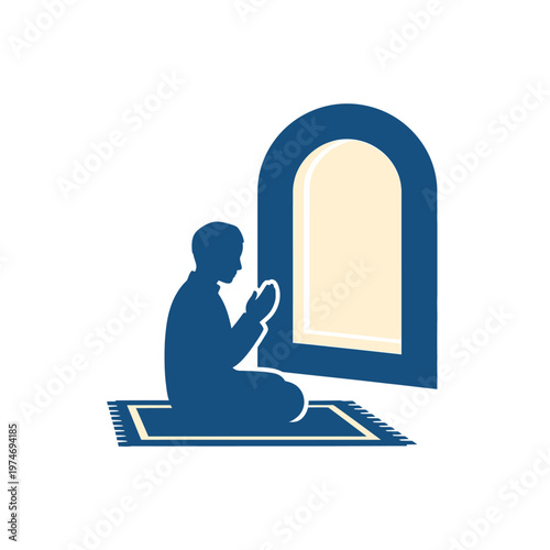 Silhouette of a Muslim man praying on a rug.