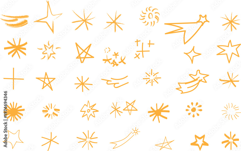 Fototapeta premium Star gold sticker icon collage set. Star icon sketch hand drawn line brush crayon texture vintage background. Star sticker crayon texture icon set. Vector Collection Hand Drawn Doodle Shapes of Stars 
