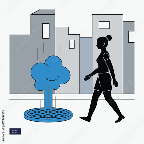 Silhouette of a Woman Walking Past a Stylized Blue Tree.