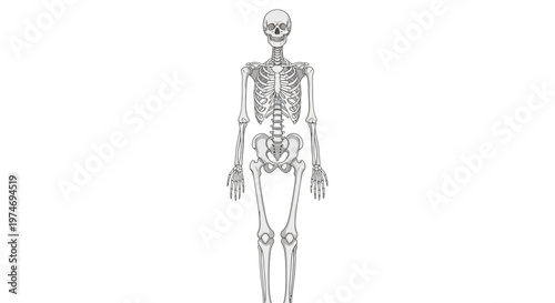 Human skeleton standing upright fully exposed.