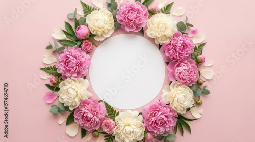 Round floral frame with pink and white peonies and eucalyptus on a pastel background