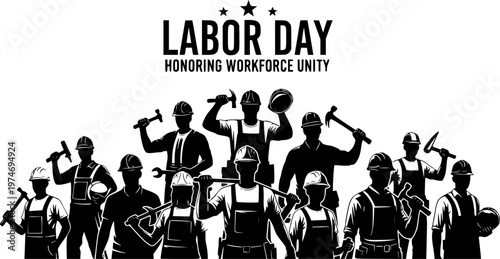 Set of Construction Worker Silhouettes with Tools. Labor Day Concept vector illustration