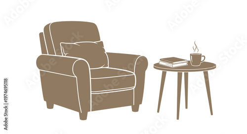 Cozy armchair with books and hot drink on side table