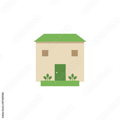 Simple Beige House with Green Roof and Door.