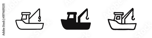 Fishing boat icon set with crane. Trawler or commercial fishing vessel vector symbols for marine industry.