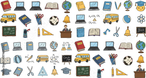 School Education Icon Set with Books Laptop Globe Bus Chemistry Tools Classroom Supplies and Learning Symbols for Academic Study Teaching Design Projects
