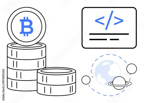 Blockchain technology, cryptocurrency, global finance, coding, fintech, digital currency. Stacked bitcoin coins, coding symbol planetary icons. Blockchain and cryptocurrency innovation concept