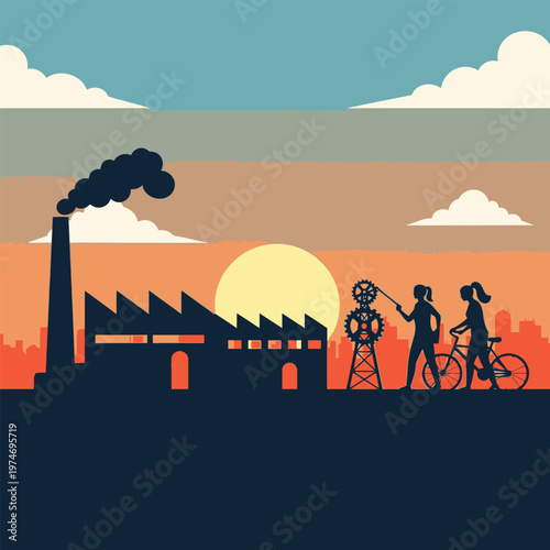 Silhouette of people and bicycle near factory.