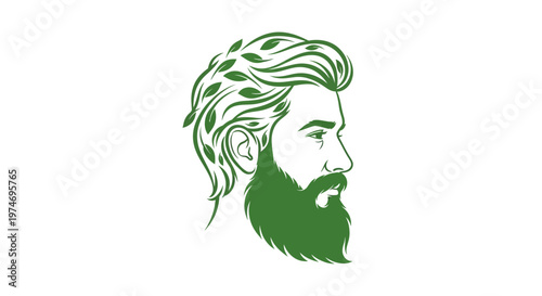 Green man profile with leafy hair and beard illustration