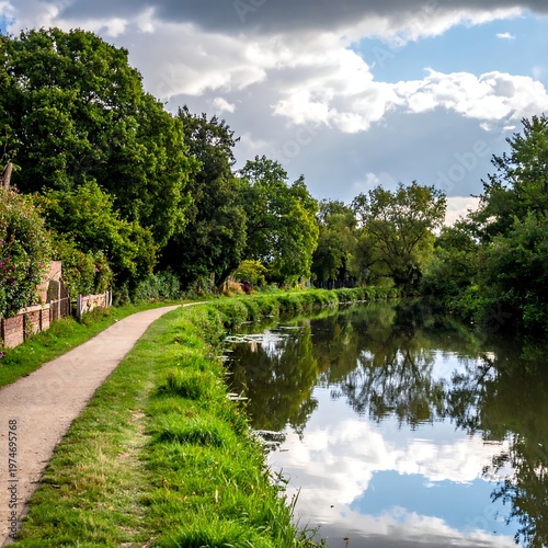 A serene path follows a calm waterway, reflecting a cloudy sky. Lush trees line the banks in this idyllic nature scene