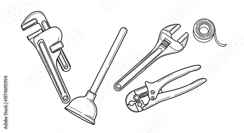 Line art illustration of essential plumbing tools set on white