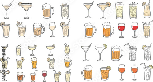 Cocktail and Beer Glasses Hand Drawn Icon Set with Wine Martini Margarita Whiskey and Beverage Drink Illustrations for Bar Menu Restaurant Design Projects