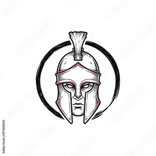 Spartan Warrior Helmet Head Illustration, Ancient Greek Gladiator Mascot in Hand-Drawn Ink Style with Red Accents