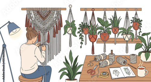 Woman crafting macrame plant hangers in a cozy studio.