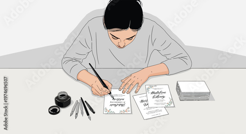 Woman diligently writing with ink and pen at a desk.