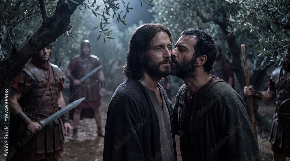 Obraz premium Man Judas kissing Jesus Christ on cheek, symbolizing betrayal, with Roman soldiers nearby. Religious Passion Week Easter story concept.