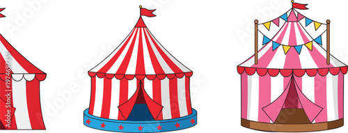 Colorful Circus Tents with Red and White Stripes, Flags, and Bunting for Fun Carnival Celebration