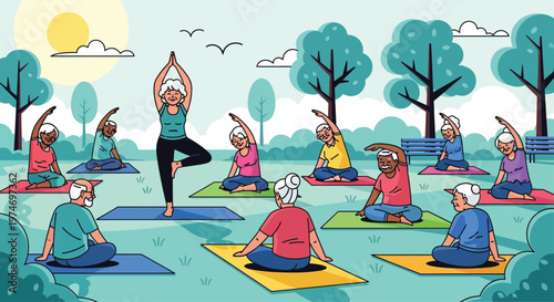 Seniors practicing yoga in a park with an instructor.