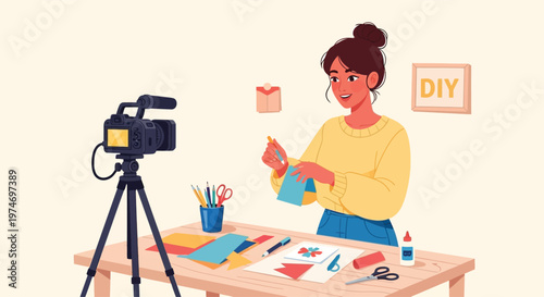 Young woman crafting and filming a DIY tutorial video.