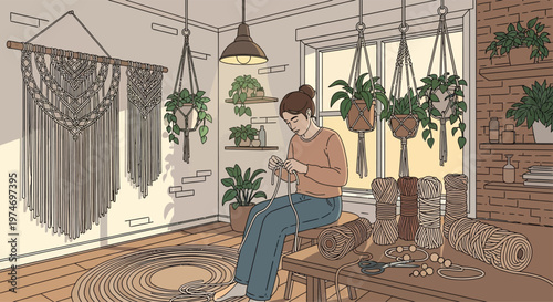 Woman focused on macrame craft in cozy room.