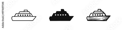Cargo ship icon set. Container vessel or freighter vector symbols for global logistics and trade.