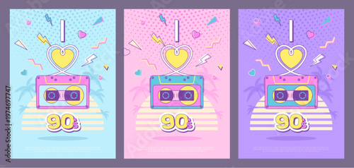 Set of retro disco party posters of 80s-90s with audio cassette, sunrise, cheart and palm trees. I love 90s. Vector illustration
