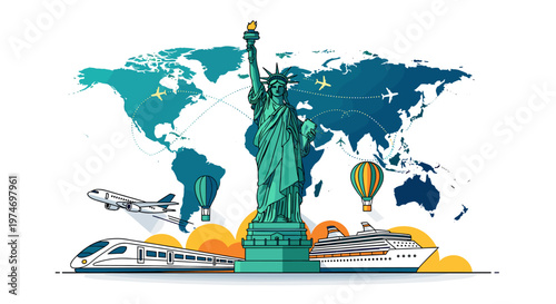A vibrant illustration depicting global travel and iconic landmarks, featuring the Statue of Liberty, a world map, and various modes of transportation like airplanes, trains, and ships.