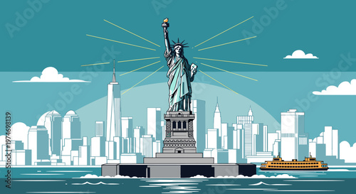 Iconic Statue of Liberty stands tall against the New York City skyline with a ferry boat sailing on the water.