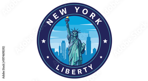 Emblematic circular graphic featuring the Statue of Liberty with the New York City skyline in the background.