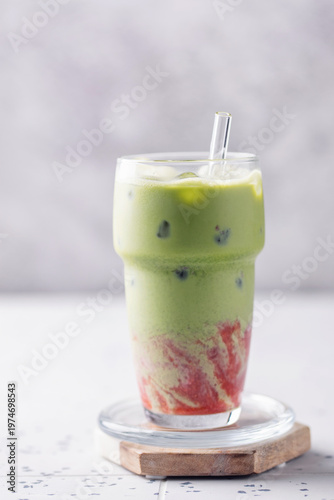 Iced Strawberry Matcha Latte in Glass
