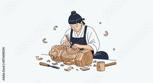 Skilled artisan meticulously carves intricate wooden sculpture with traditional tools.