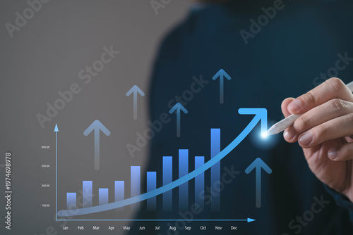 Foto Business hand drawing upward growth chart with stylus representing financial growth, business performance, profit increase, investment success and strategic planning with data driven analytics