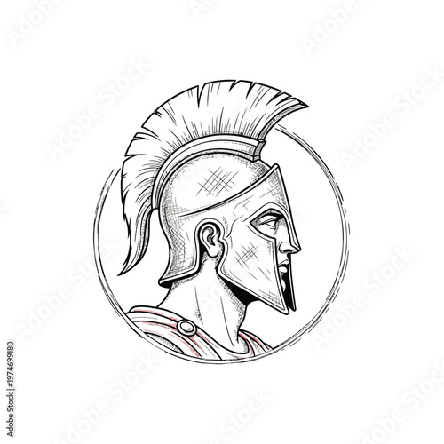 Ancient Spartan Warrior Profile Illustration - Hand-Drawn Greek Gladiator Helmet Logo with Vintage Engraving Style