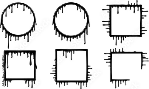Liquid or paint drips. Set of vector ink round, square, corner frame silhouettes.