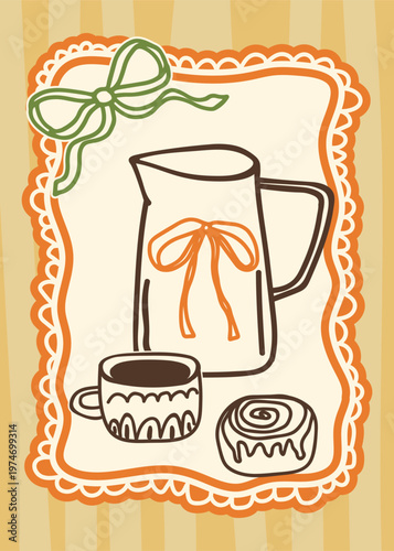 Ceramic milk pitcher with coffee cup and cinnamon roll pastry in decorative lace frame