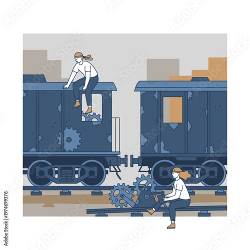 Two people interacting with a virus symbol near old trains.