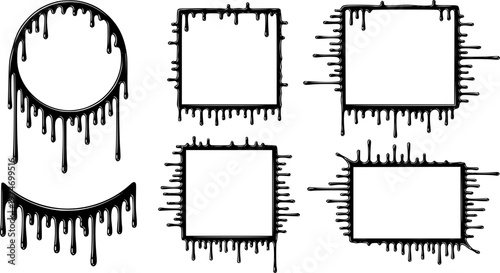 Liquid or paint drips. Set of vector ink round, square, corner frame silhouettes.