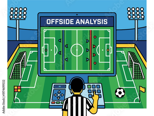 A referee uses a computer system to analyze an offside decision on a soccer field.