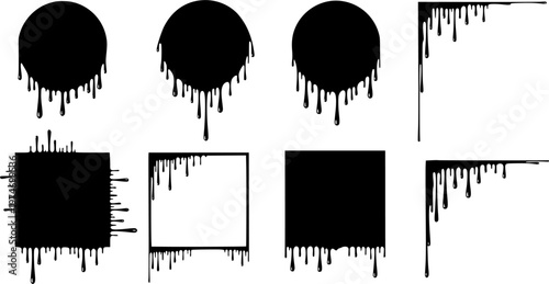 Liquid or paint drips. Set of vector ink round, square, corner frame silhouettes.