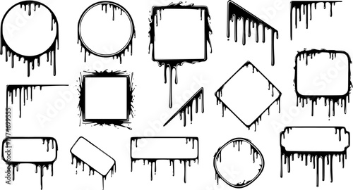 Liquid or paint drips. Set of vector ink round, square, corner frame silhouettes.
