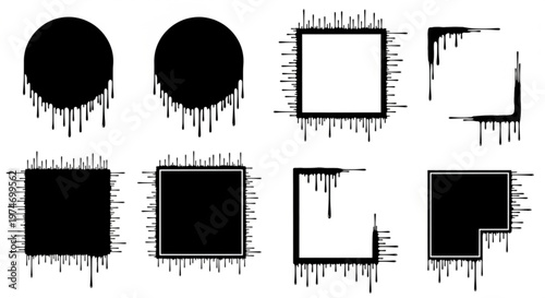 Liquid or paint drips. Set of vector ink round, square, corner frame silhouettes.